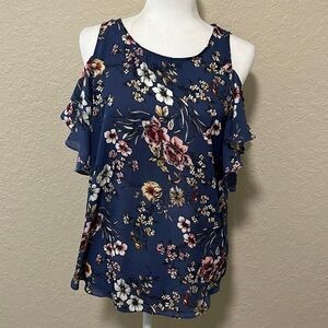 Blue floral cold shoulder top